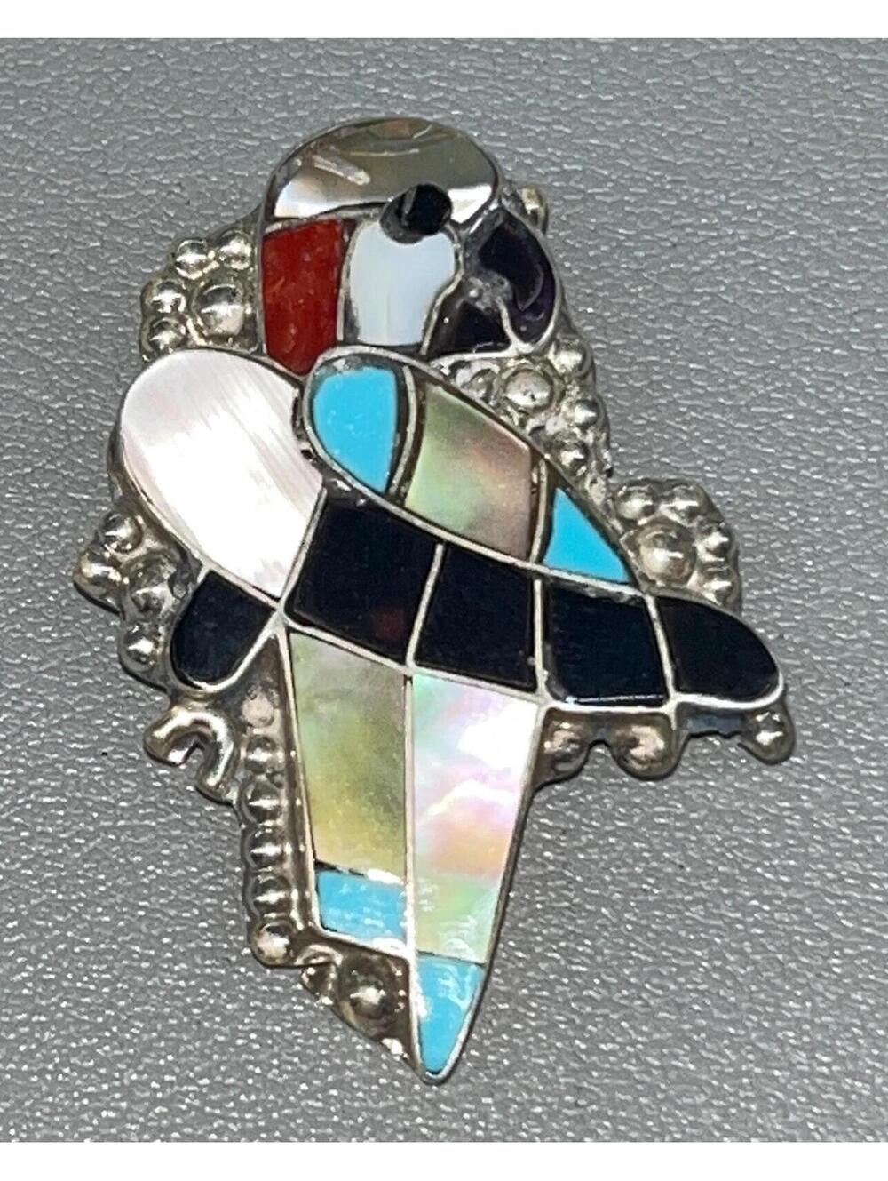 Zuni sterling silver turquoise multi stone inlay parrot bird pendant/Pin